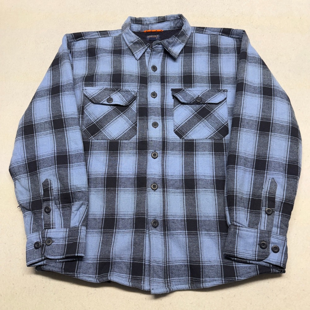 Smiths Workwear Blue Plaid Sherpa Lined Flannel Shirt Shacket Mens Large Winter